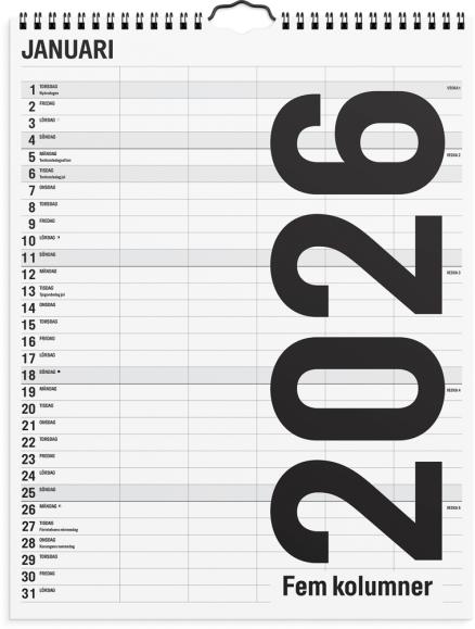  Familjekalender 2026 Black and white 5 kolumner