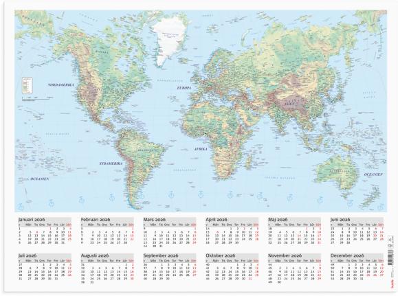  Väggkalender 2026 Väggblad Världskarta