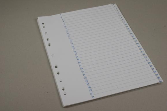  Plastregister A4 1-31 med försättsblad vit med blå fliktryck