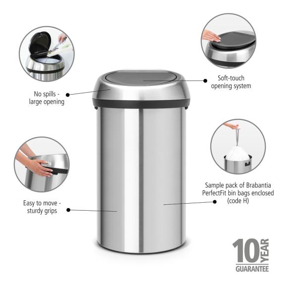  Sopkorg Brabantia Touch Bin 60L Mattborstat stål